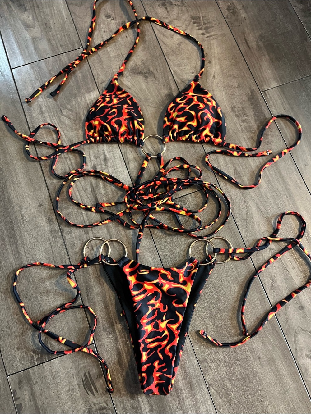 Flame Print Triangle String Bikini - Black, Red, Orange